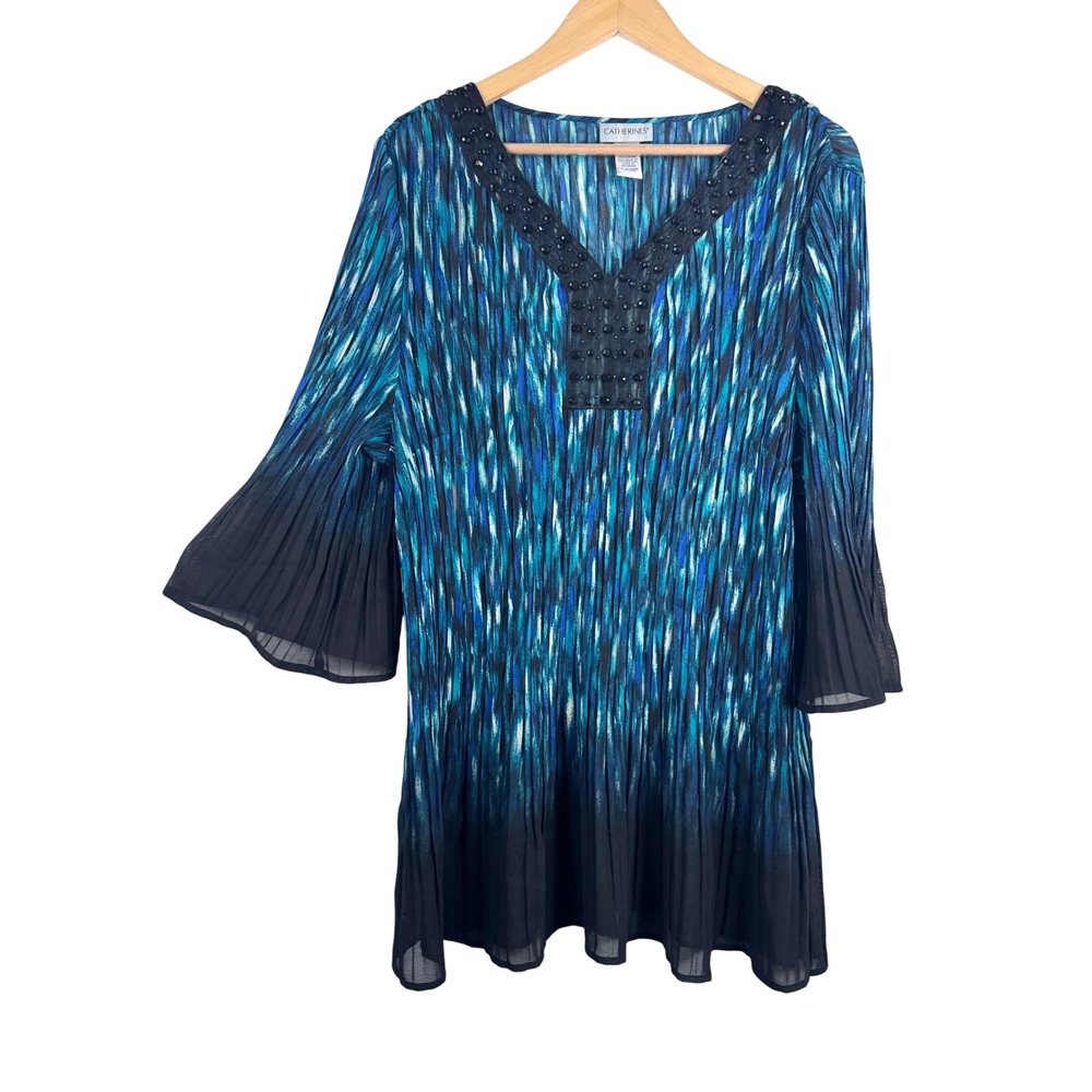 Catherines Tunic sz 2X Blue Pleated Beaded Ombre Bell Sleeve Top fairy